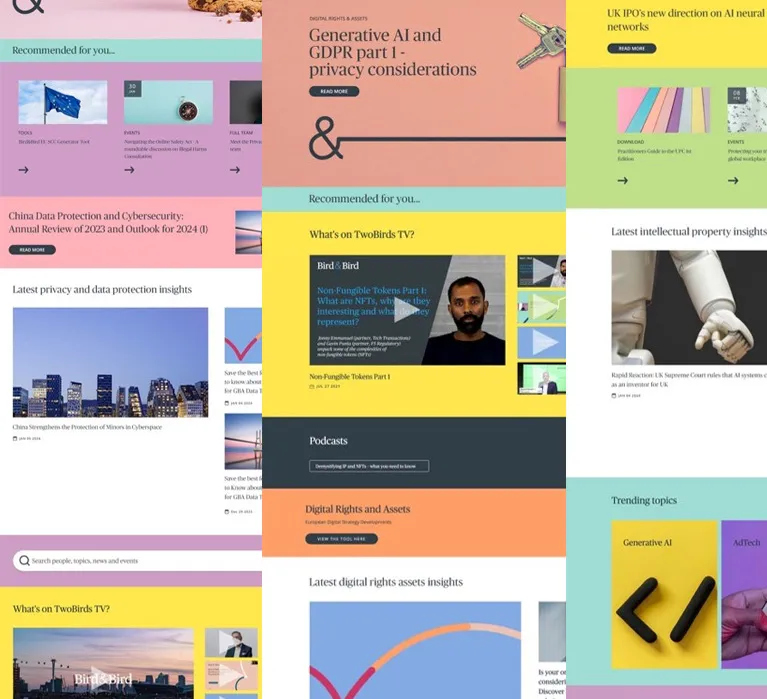 A collage of screenshots of the Bird and Bird website